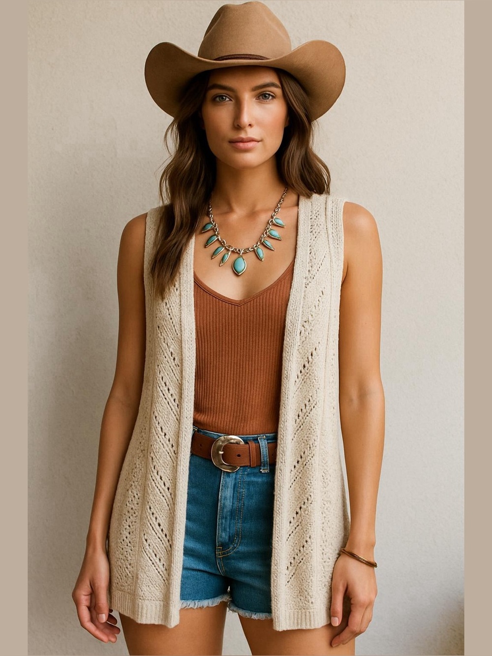 Women’s Cream Knit Open-Front Vest Size XXL Boho Western Coastal Cowgirl Plus